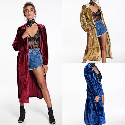 Abrigo de terciopelo con cuello de solapa para mujer, cárdigan de manga larga, prendas de vestir exteriores largas, gabardina informal de talla grande