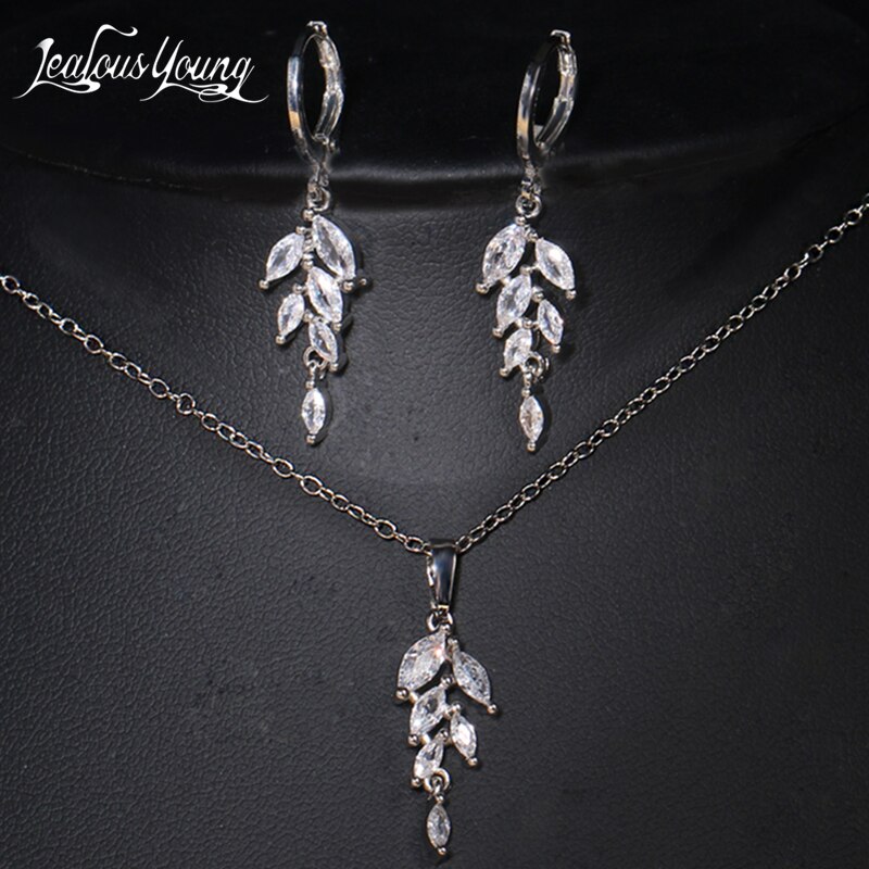 Zirconia Leaf Oorbellen Ketting Sets Voor Vrouwen Elegante Bruids Bruiloft Sieraden Set Huwelijksgeschenken