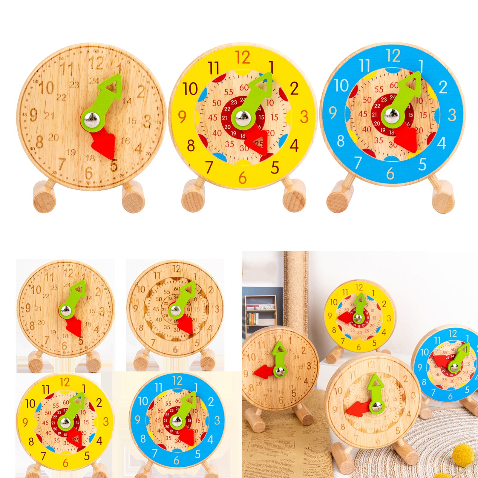 Free Standing Wooden Educational Teaching Clock Toys Tell The Time Numbers Learning Tool
