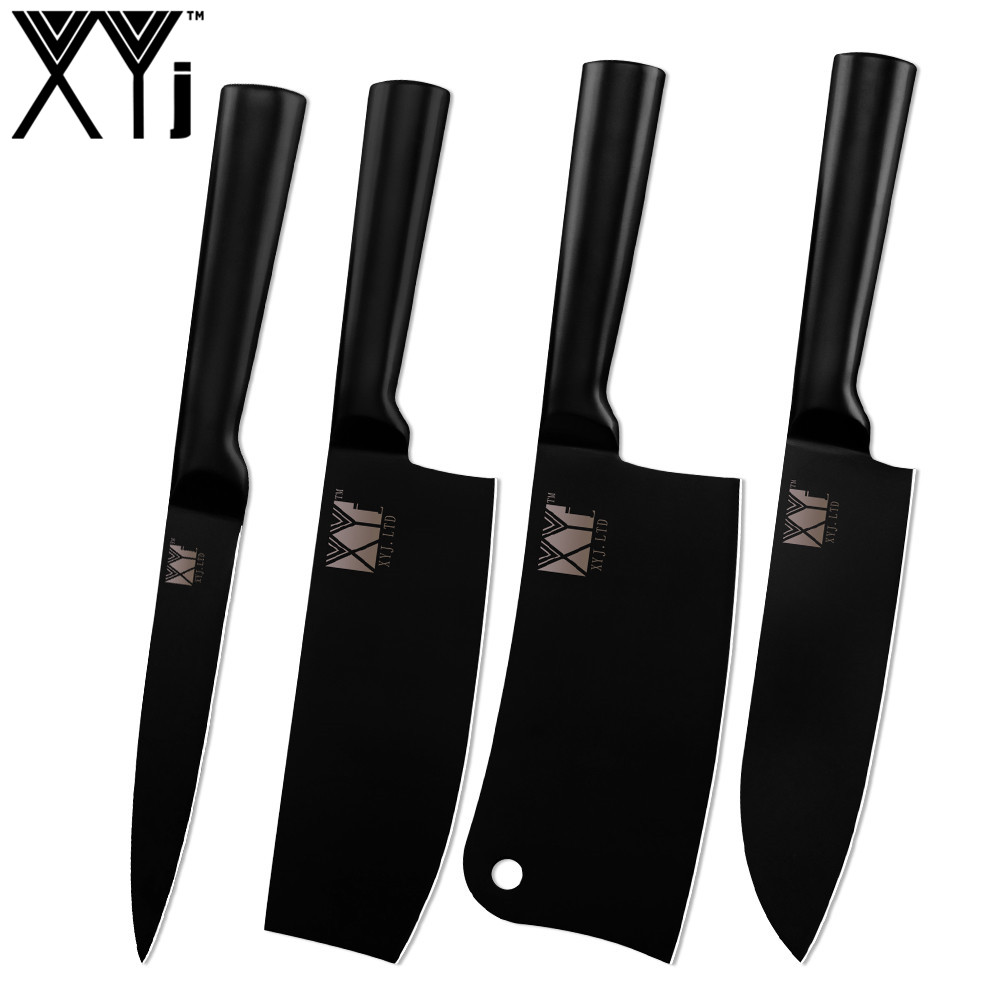 XYj 8pcs Stainless Steel Kitchen Knives Set Nonstick Black Blade Chef Slicing Santoku Bread