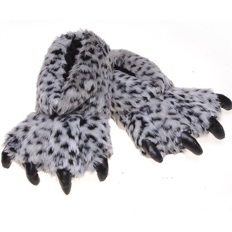 Zapatillas de interior con pata de oso para hombre y mujer, pantuflas suaves y cálidas de felpa con estampado de leopardo y garra de monstruo
