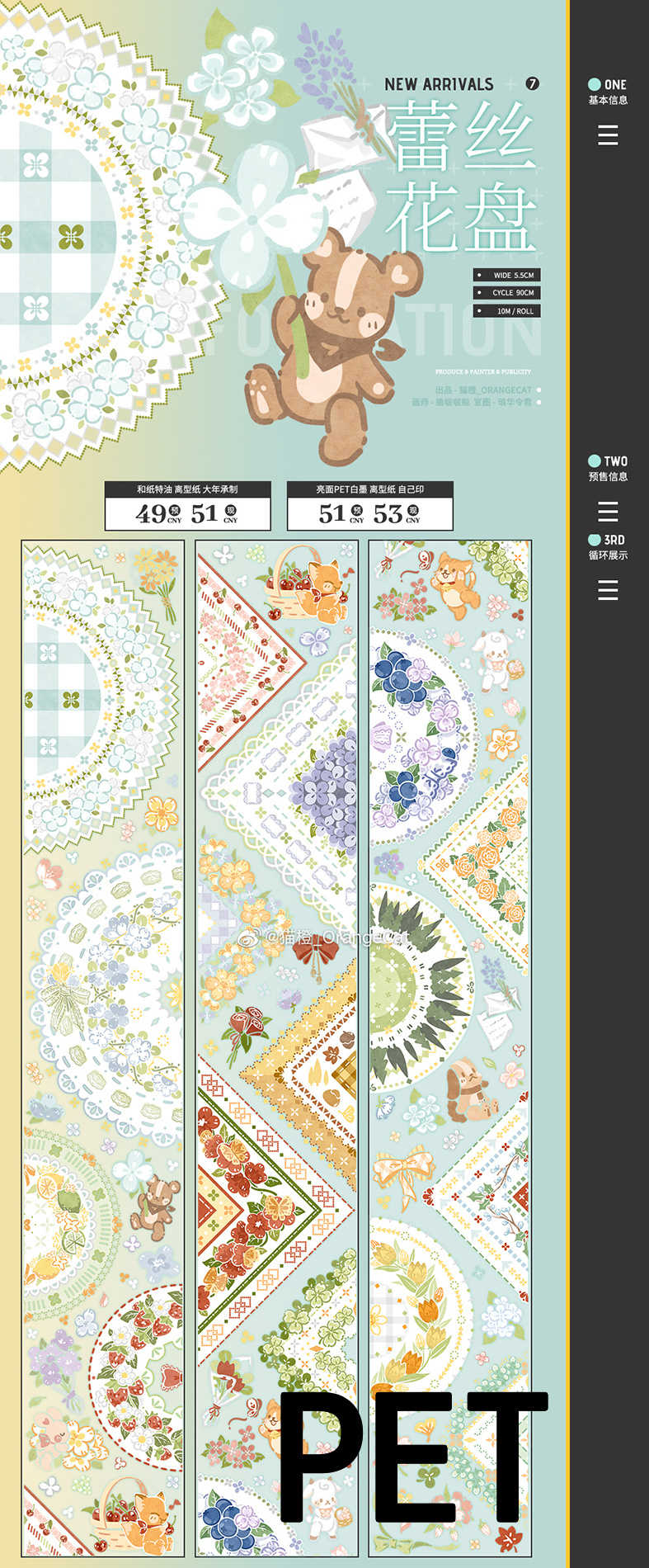 1 Loop Washi Plakband Kat Orange Kant Bloem Plaat Mooie Backing: Disc Bright Pet 90cm