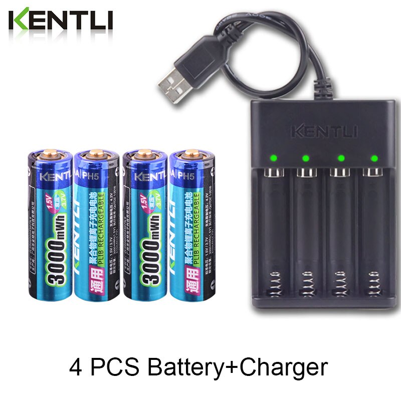 KENTLI AA 1.5V 3000mWh lithium li-ion rechargeable battery +4 Channel polymer lithium li-ion battery batteries charger: 4pcs