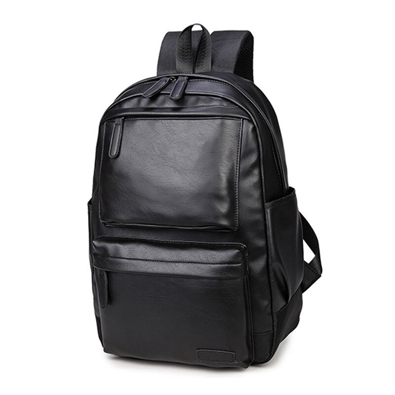 Casual PU Leather Men Backpack Waterproof Solid School Bags Leather Travel Laptop Backpack Men: black