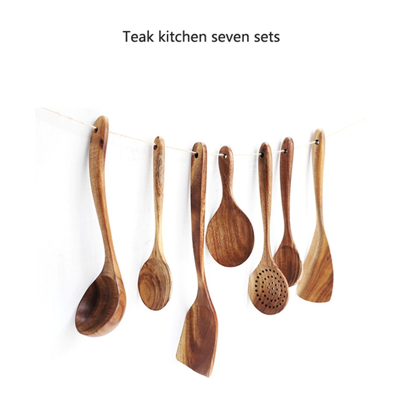 Vajilla de madera teca tailandesa Natural, cuchara, cucharón, colador de arroz largo, colador de sopa, cucharas de cocina, juego de herramientas