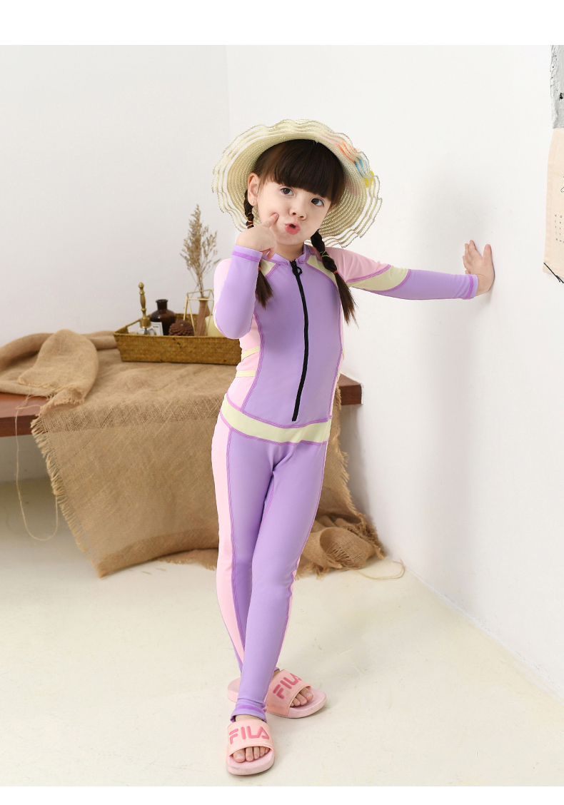 MEIYIER Korean style girl swimming suit kids one piece swimwear full body UV protection long sleeve swimsuit baby 2-12 year: 2 / L