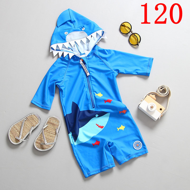 Children's Swimwear Hooded One Piece Toddler Baby Swimsuit 3/4 Sleeve Shark Blue Kids Bathing Suit Beachwear Indoor Swim Clothes: SIZE 120