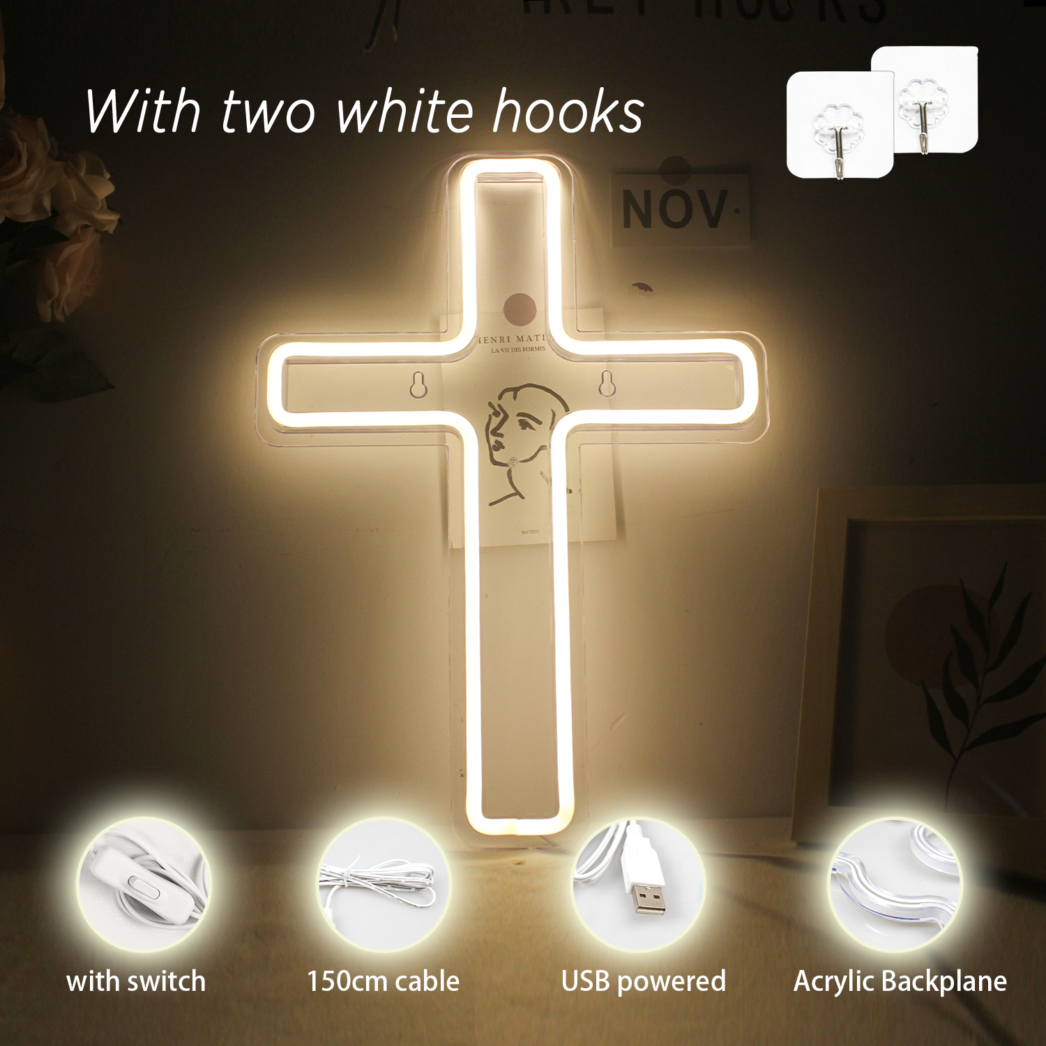 Wanxing-señal de neón LED en forma de cruz, USB con interruptor, lámpara colgante de arte de pared para vacaciones, Bar, boda, , Club, decoración de la habitación del hogar