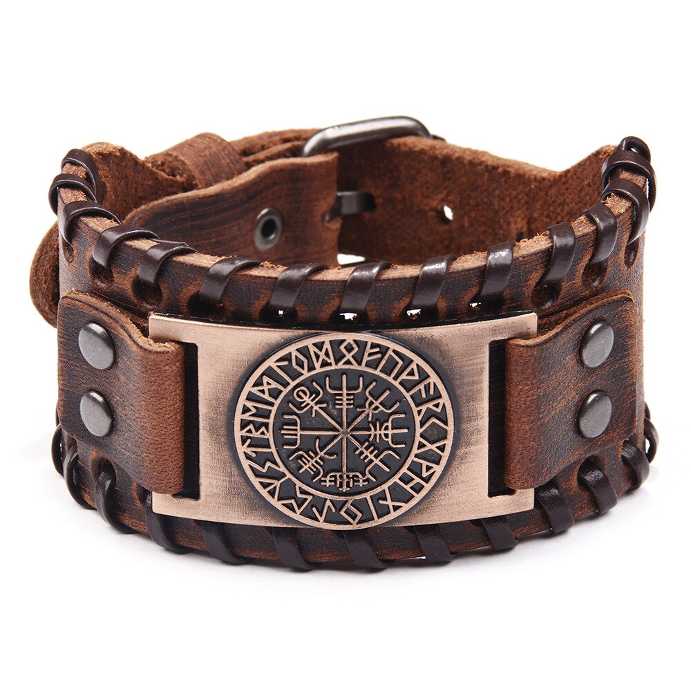 Bracelet rétro en cuir pour hommes, large, boussole de Pirate, bijoux Viking celtiques, accessoires, de fête,: Leather 3