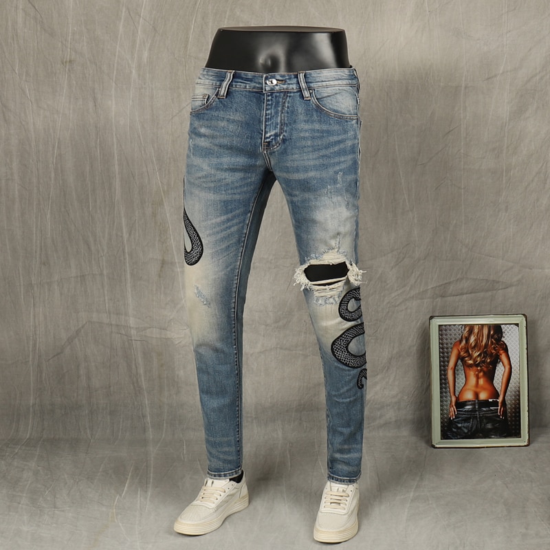 Streetwear mænd jeans elastisk slim fit broderi ripped denim punk bukser hip hop pencil bukser