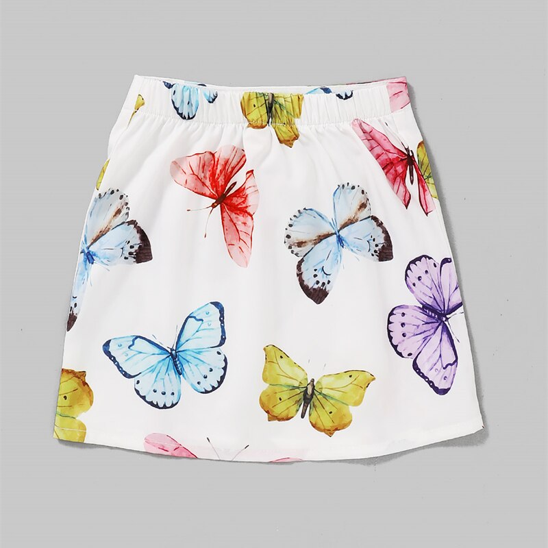 Girls Elastic Waist Skirt Kids White Butterfly Printed Pattern Short One-piece for Summer/ Spring/ Autumn 18 Months-6 Years