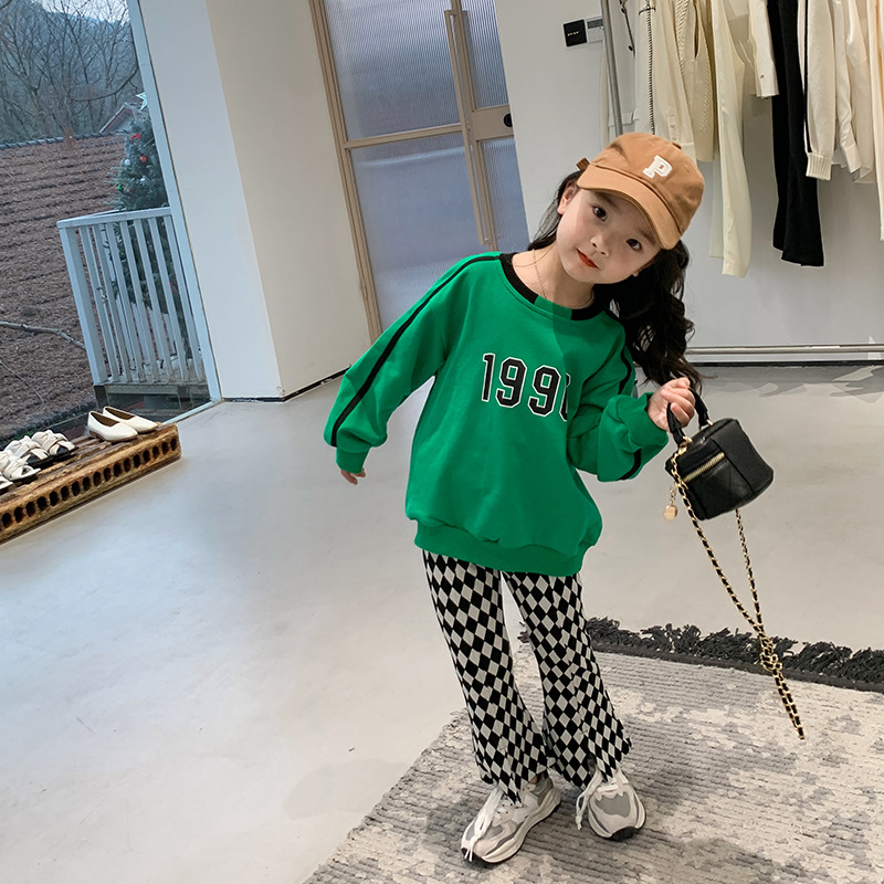 Primavera bambini vintage verde numero felpe ragazze allentate casual cotone top vestiti