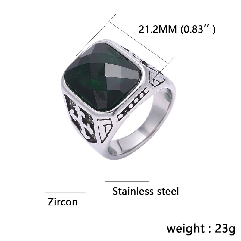 Retro Cross Pattern Green Zircon Stainless Steel Male Ring Charm Men's Accessories Jewelry Anniversary Party JZ0007