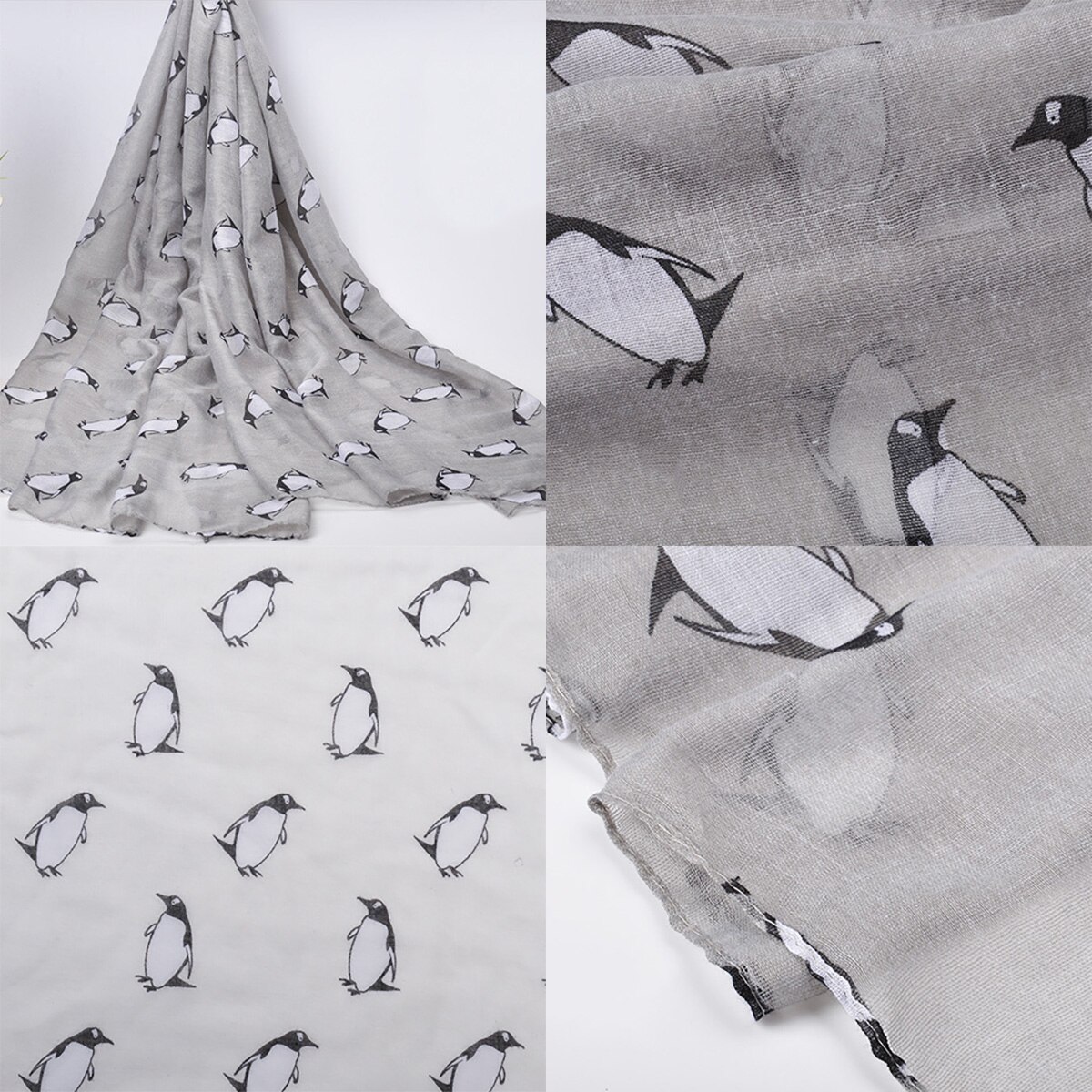 1Piece 180x90cm White Light Gray And Navy Blue Bottom Print Black And White Penguin Rectangular Bali Scarf