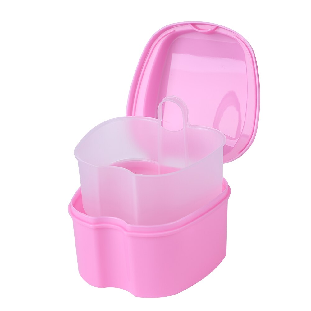 Denture Bath Box Organizer Dental False Teeth Storage Box with Hanging Net Container Cleaning Teeth Cases Artificial Tooth Box: Pink