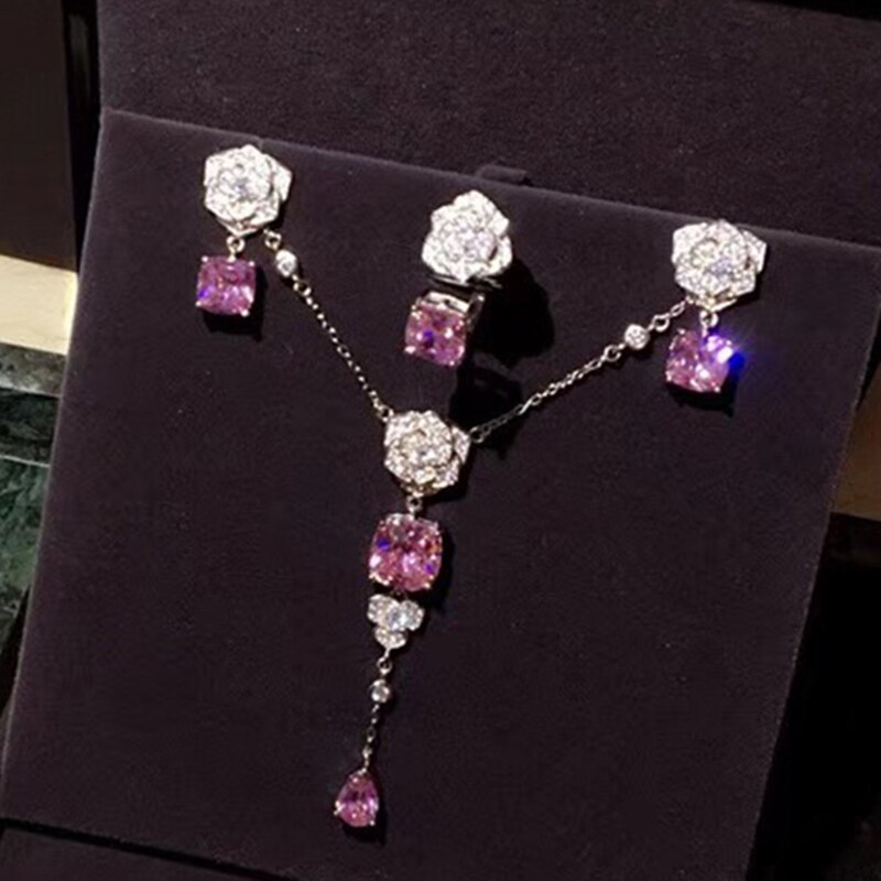 Heißer Reine 925 Sterling Silber Schmuck einstellen Für Frauen Rosa verrotten Stein Heiße Party Rose Schmuck einstellen Halskette Ring ohrringe einstellen