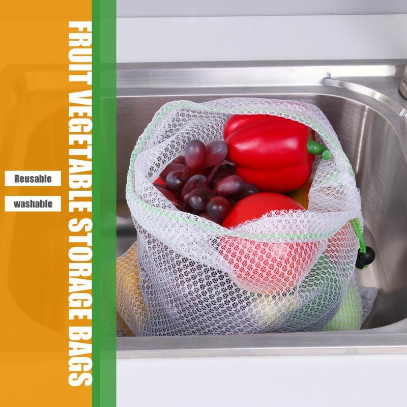 1pc gjenbrukbare nettingposer vaskbar frukt og grønnsaker diverse netting-organiseringsveske med snøring for oppbevaringspose for dagligvareinnkjøp
