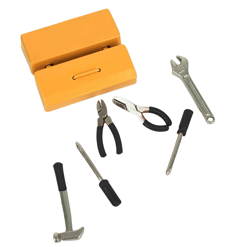 1 set dockhusminiatyrverktygslåda 【verktygslåda +6 verktyg】handgjorda verktygsset modellmöbler tillbehör dockhusdekor leksaker: Himmelsblå