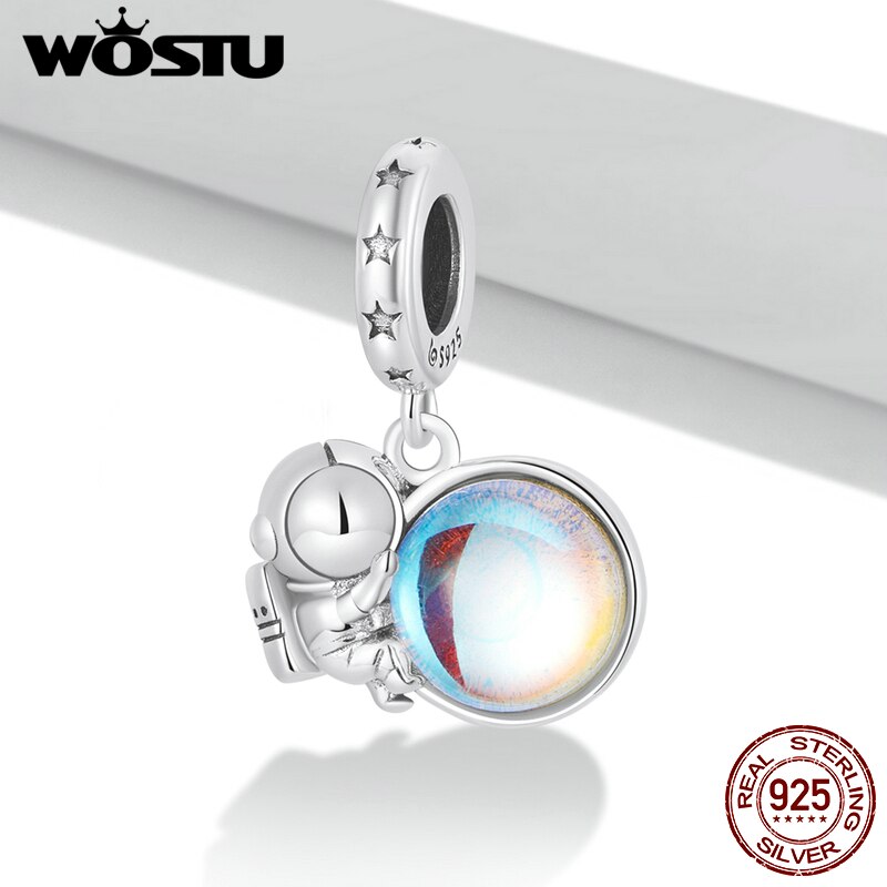 WOSTU 925 Sterling Silber Mondstein Regenbogen Charme Halskette Perlen passen Original Armbinde Armreif Raum Astronaut Stil Schmuck