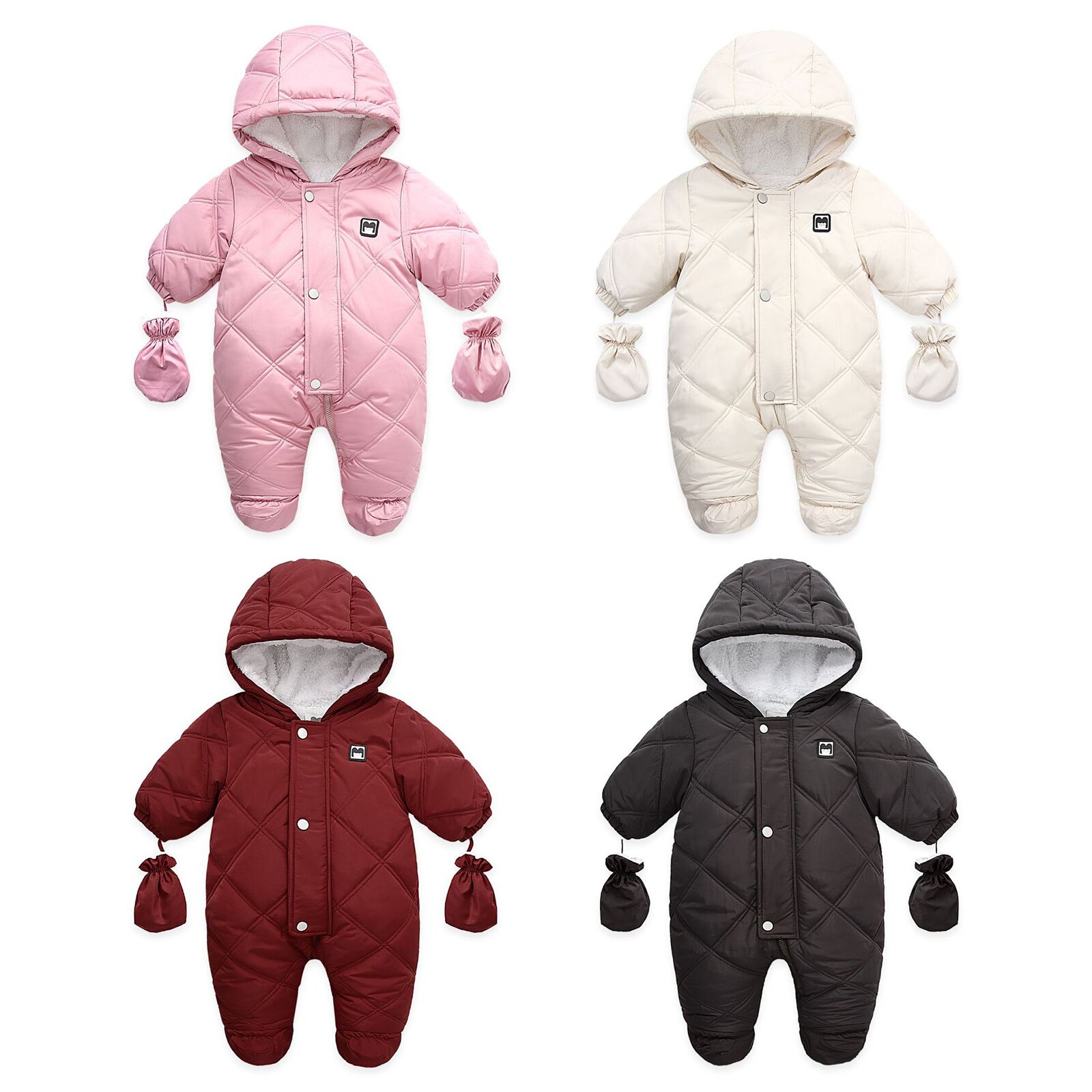 Bebê meninas meninos inverno quente térmica macacões dos desenhos animados urso applique padrão com capuz manga longa macacão e luvas conjuntos de roupas