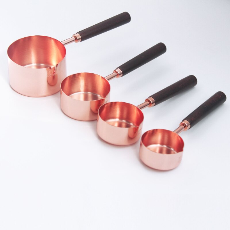 Rose Gold Stainless Steel Coffee Measuring Cup Measuring Spoon Set Utensils Scale Spoon Baking Wooden Handle Measuring Cup