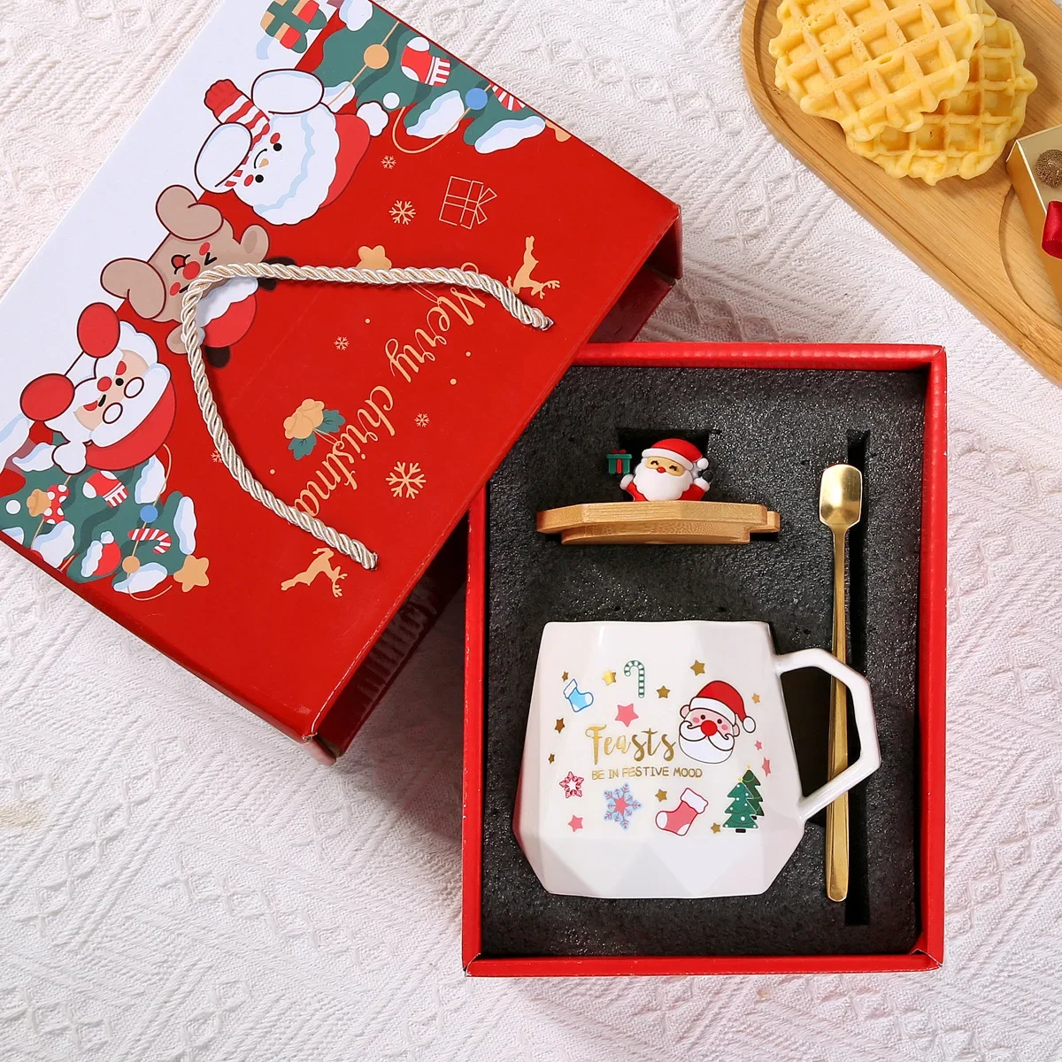 Christmas Set:Ceramic Mug with Lid Spoon Set Mug Box Featuring Santa Claus for Office or Home Use CoffeeCups: PURPLE