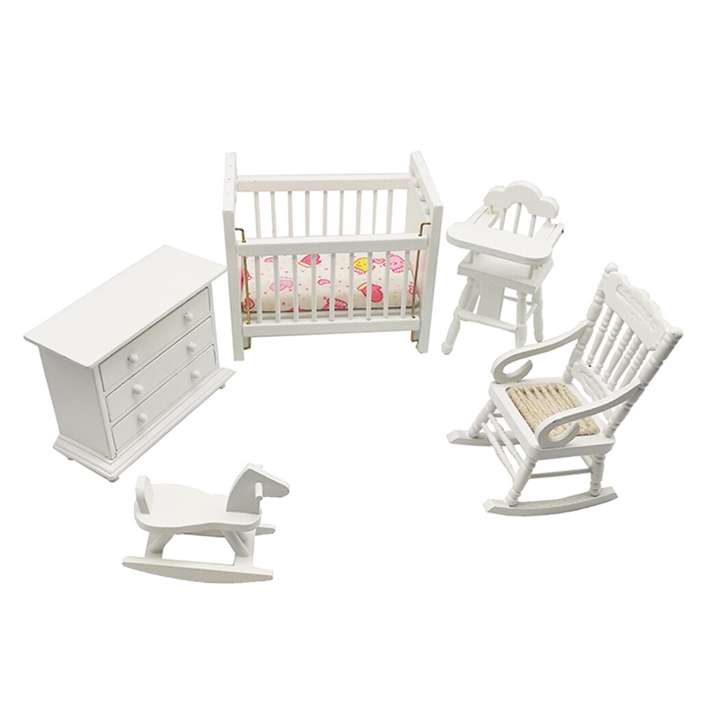 5 Stks/set Moderne 1/12 Schaal Houten Hobbelpaard + Crib Set Dollhouse Accessoire