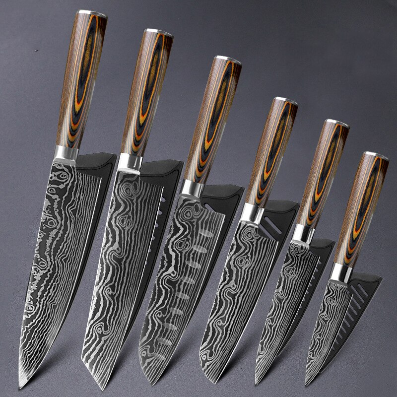 Køkkenkniv 8 tommer kokkeknive 7 cr 17 440c rustfrit stål med høj kulstof damaskus tegning gyuto spaltesæt skiver santoku kniv