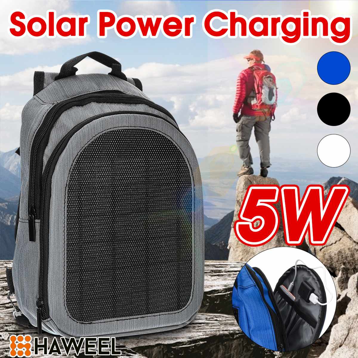 5W 5V Waterproof Flexible Solar Panel Backpacks Convenience Charging Laptop Bags for Travel Solar Charger Daypacks Handle USB