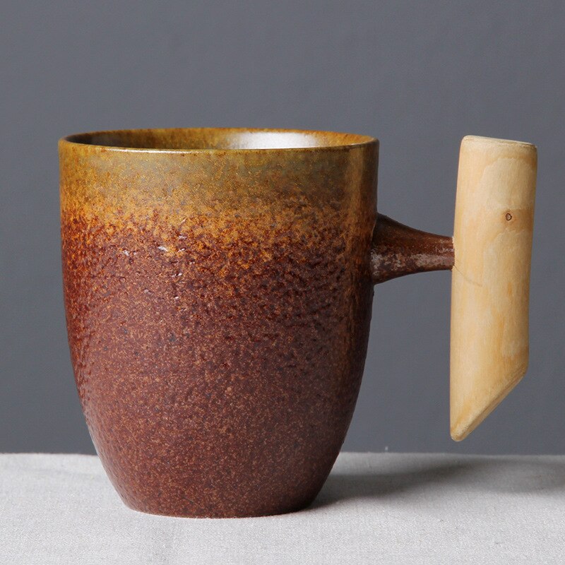 Japansk stil vintage keramisk kaffekrus tumbler rust glasur te mælk øl krus med træhåndtag vand kop hjemmekontor drikkevarer: 03