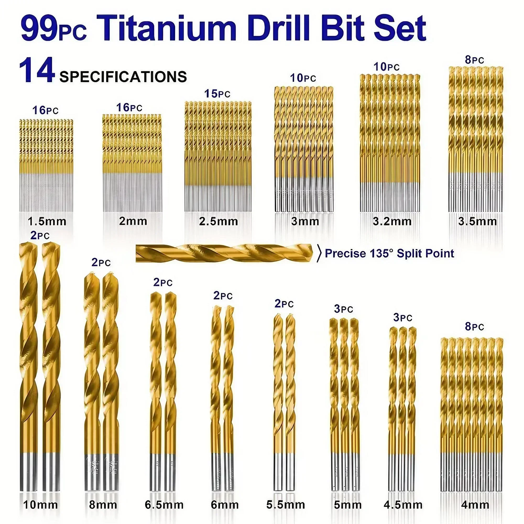 99 Pieces Titanium Twist Drill Bit Set, High Speed Steel, Size from 1/16" Up to 3/8", Ideal Drilling in Wood/Cast Iron Anti-rust