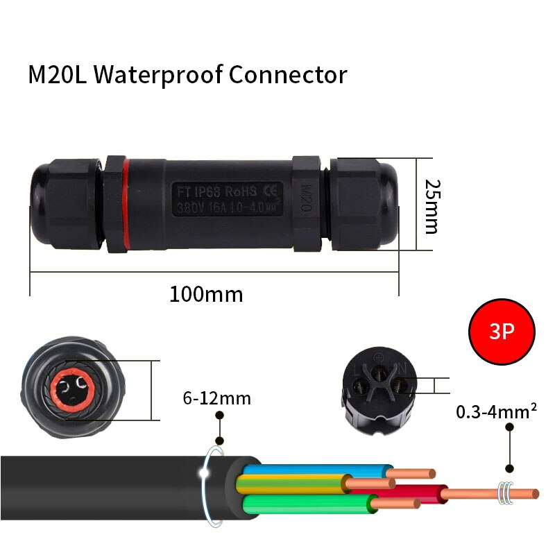 IP68 Waterproof Connector 2/3/4/5 Pin Electrical Terminal Adapter Wire Connector Screw Pin connector LEDLight Outdoor Connection: M20-3p