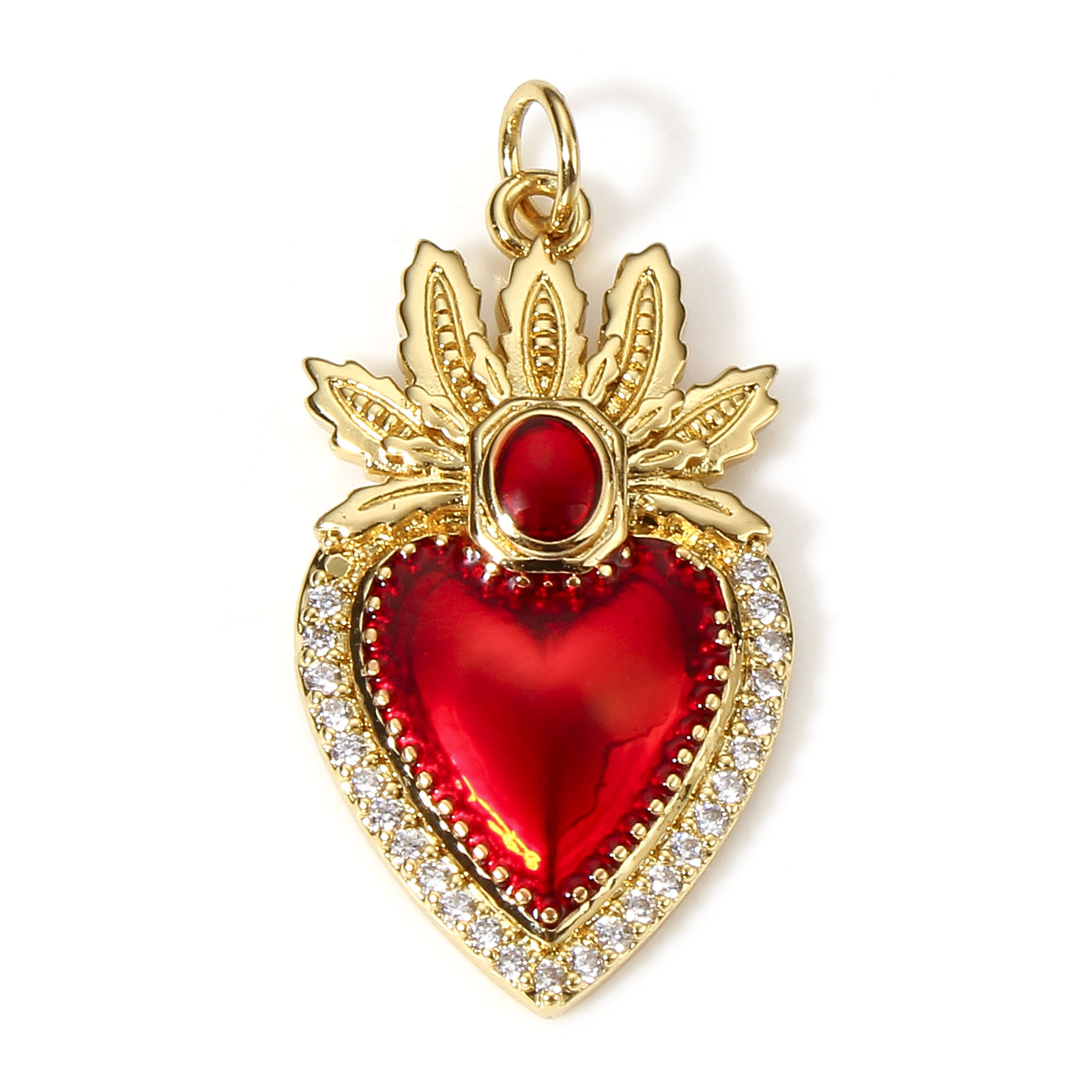 1 pieza de dijes de corazón religioso rojo clásico para la fabricación de joyas, colgantes Ex Voto de Color dorado, collar de circonia cúbica transparente DIY: Color dorado