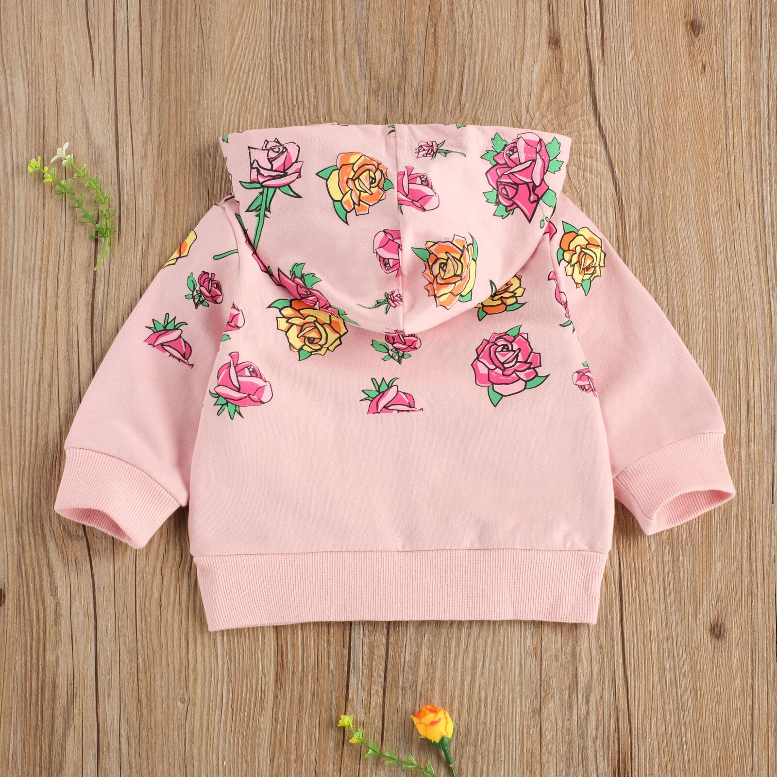 Camiseta con capucha rosa para niña pequeña, ropa para bebé de 0 a 24 meses, con estampado de rosas y bolsillos con cremallera, Top de manga larga rosa, atuendo para bebé