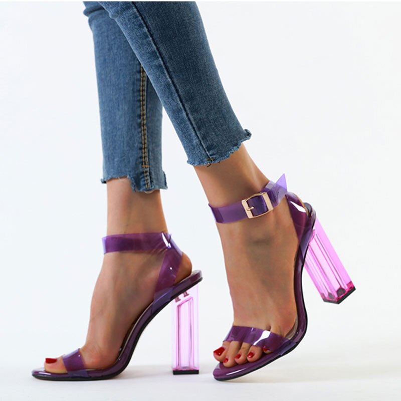 Neon Green PVC Transparent Sandals Women Open Toe Shallow Chunky High Heels Sandals Women Clear Heed Transparent Sandals Shoes