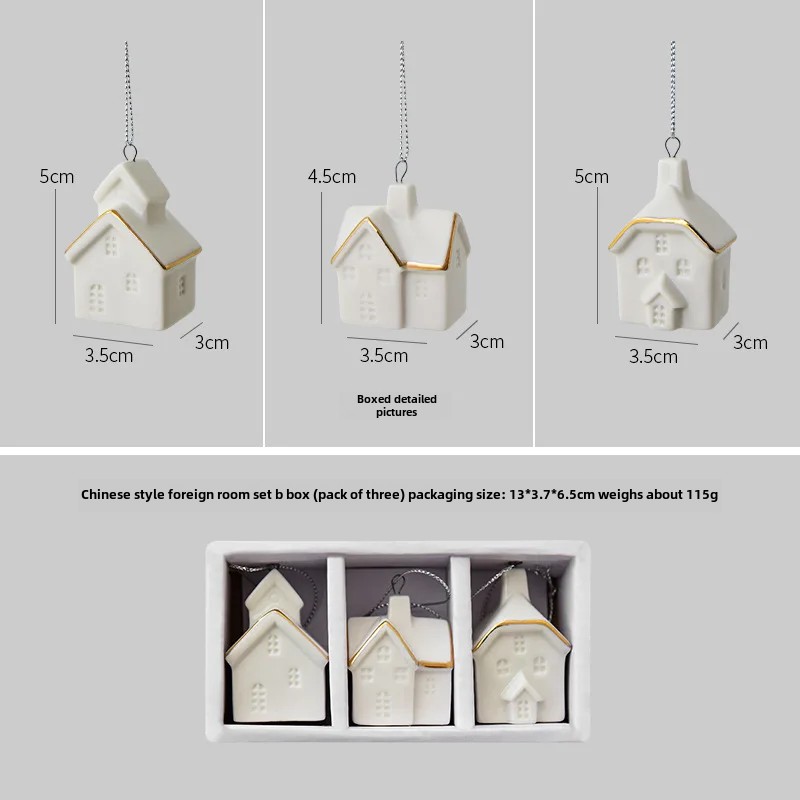 Keramisk julepyntsett med 3 glødende snøhuspynt små scenedekorasjoner til hjemmekontor