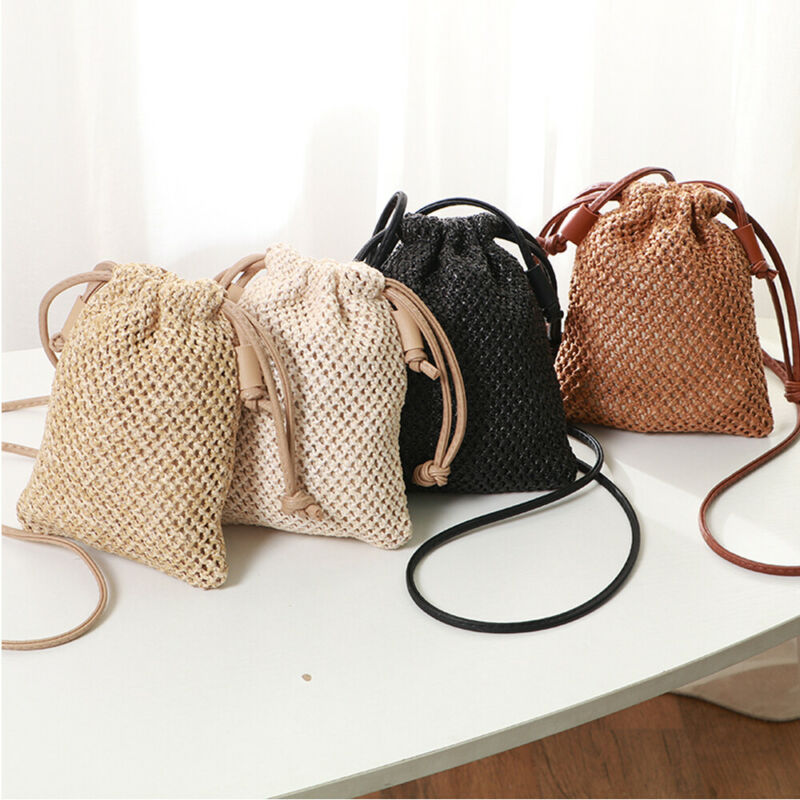 Women Girl Rattan Wicker Handbag Beach Crossbody Drawstring Bags Casual Bohemian Straw Woven Bag