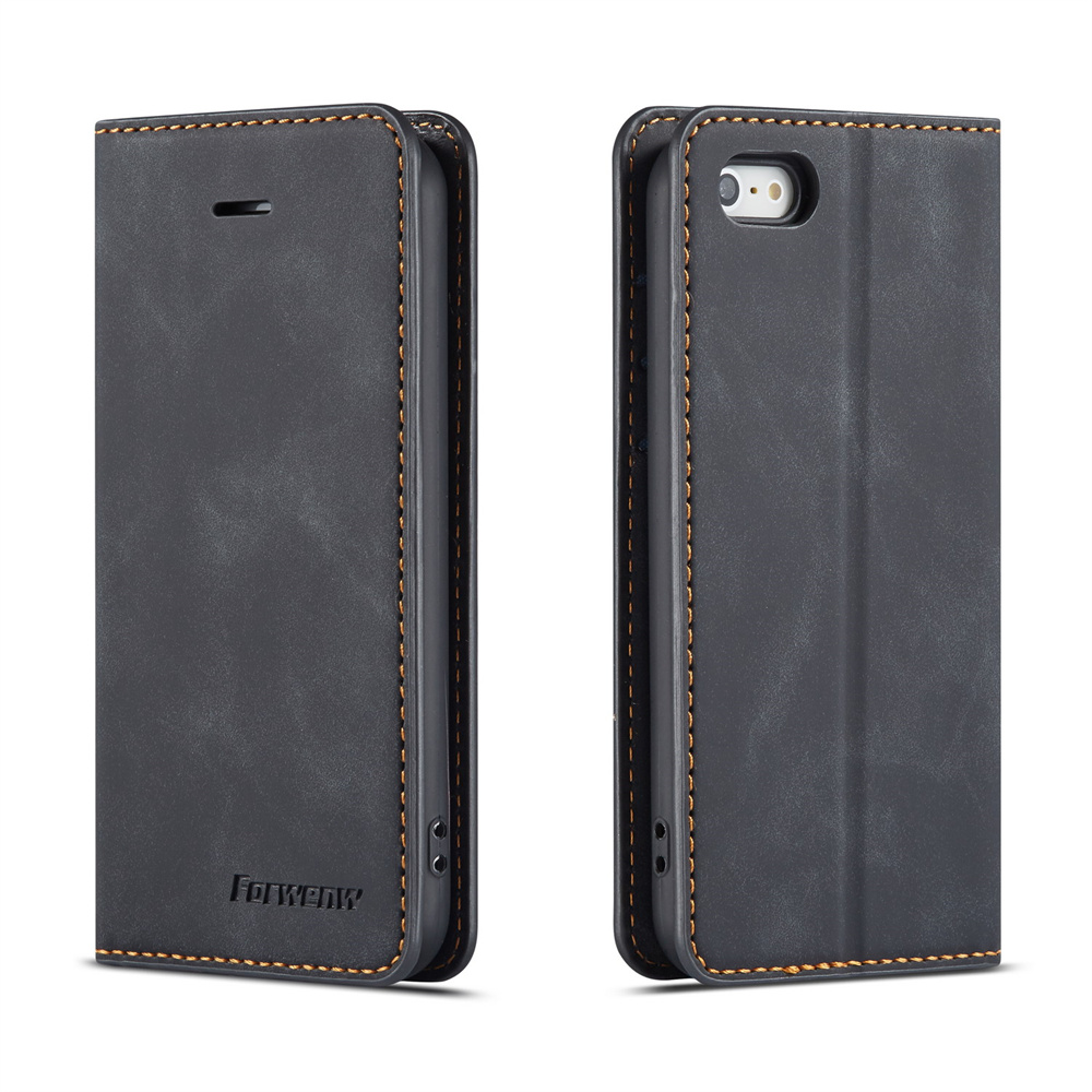 Forwenw magnetische flipcase voor iphone 5 5s se, volledige bescherming, tpu-basis, suède leer, slanke portemonneecase, kaarthouder, telefoontas: Buikspieren / Zwart