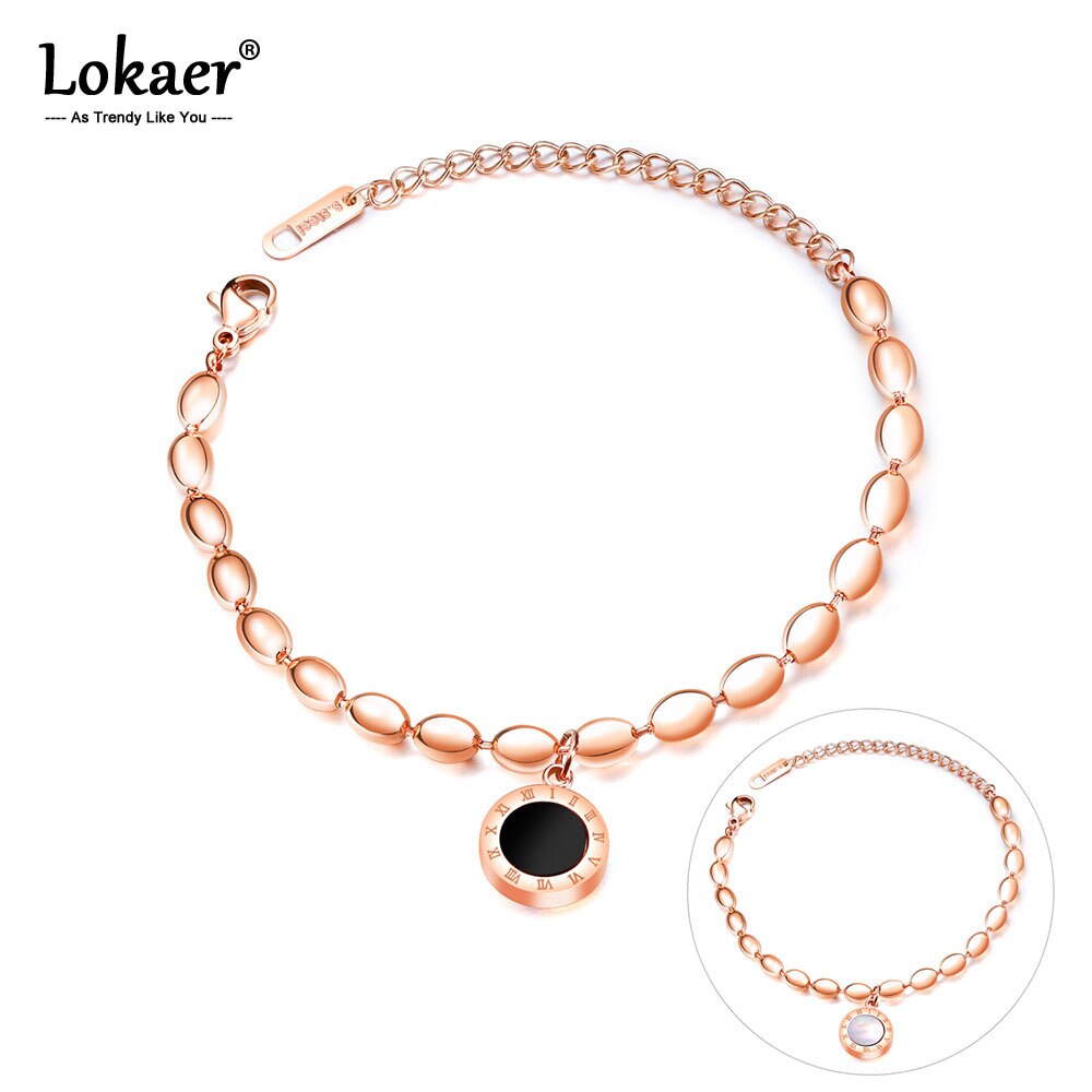 Lokaer chiffres romains acier inoxydable Bracelets pour femme accessoires perles chaîne breloque noir acrylique bijoux B17098