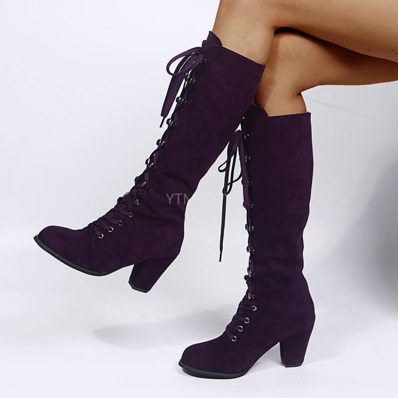 Kniehoge laarzen herfst winter lange dames hoge hakken motor dames schoenen veter ronde neus vierkante hak laarzen mujer