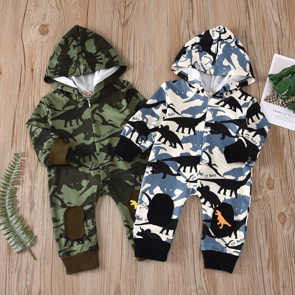 Mode Pasgeboren Baby Baby Jongens Meisjes Lange Mouwen Dinosaurus Gedrukt Hooded Rits Romper Jumpsuit Speelpakje Outfits Kleding # P4