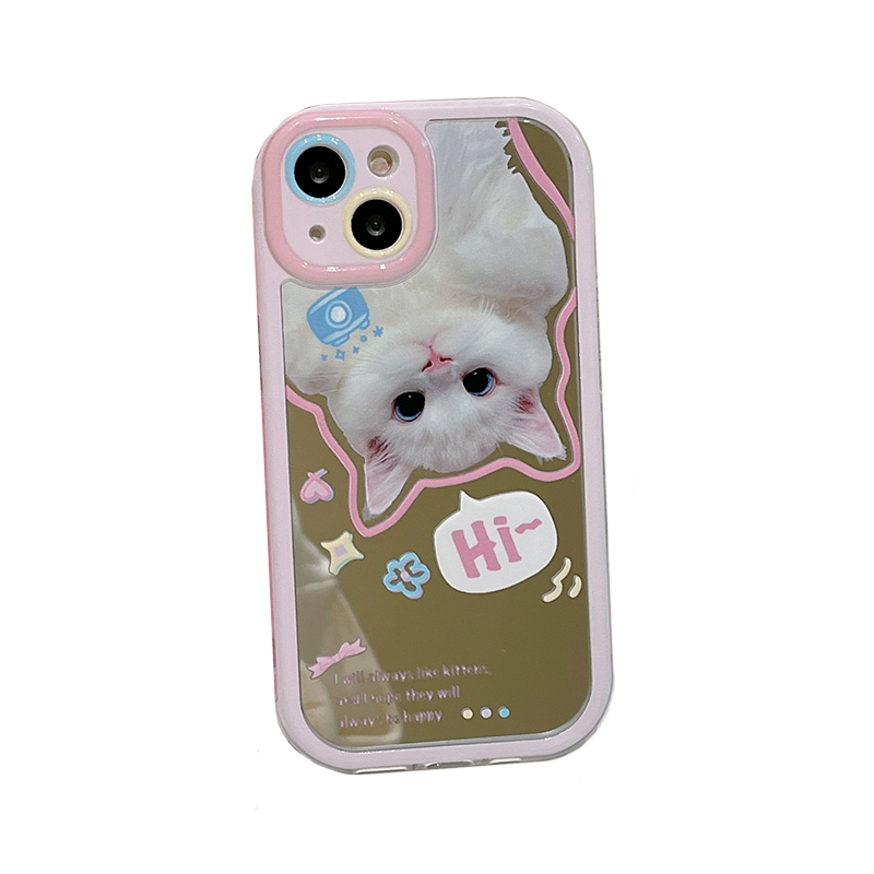 Preciosa funda con espejo de maquillaje de gato blanco para iPhone 14 Pro Max 16 15 13 11 12 parachoques de silicona bonita contraportada Capa: Para iPhone 16