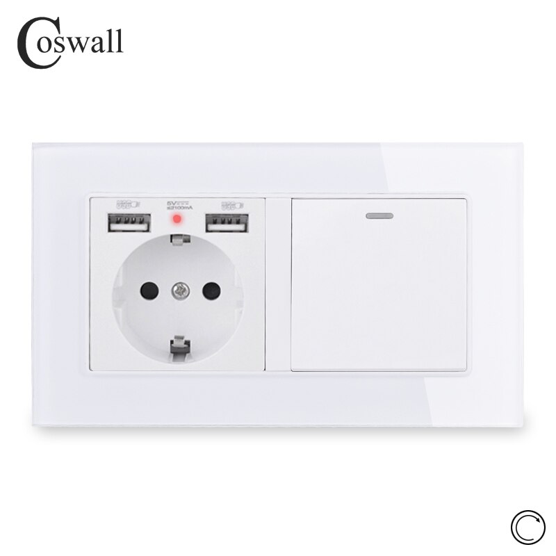 COSWALL EU Russia Spain Wall Socket With 2 USB Charge Port + 1 Gang Reset Momentary Contact Push Button Light Switch Glass Panel: White