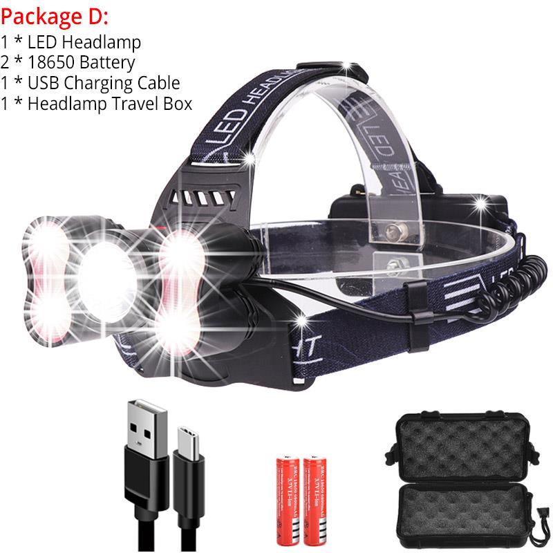 5000LM Ultra Bright LED Headlamp 5 LED Headlight 4 modes Head lamp Rechargeable Light Sensor Use 18650 For Outdoor & Indoor: Package D