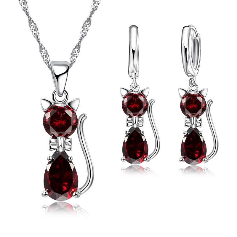 Brincalhão gato animal de estimação pingente colar e argola brincos conjuntos de jóias 925 prata esterlina charme feminino jóias presente de natal