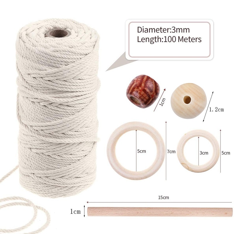Natural Macrame Cord 3mm Cotton Cord with 8Pcs Wood Ring and 2 Wooden Stick For DIY Craft Plant Hangers Knitting