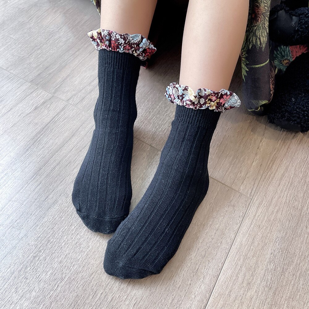 Sweet Floral Lace Girl Socks Princess Socks with Ruffle Cotton Baby Toddler Socks for 0-8 Yreas Children Kids Socks: Black / S (0-2 years)