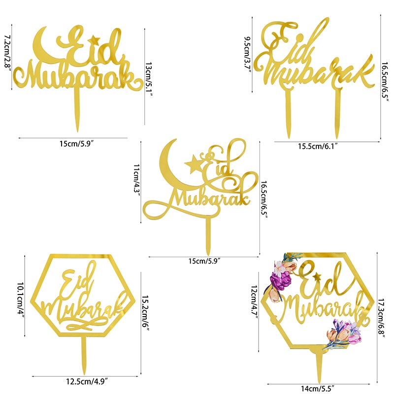 Eid Mubarak Cake Toppers Golden Acrylic Moon Cake Topper for Islamic Muslim Festival Banquet Ramadan Cupcake Decorations Supplie