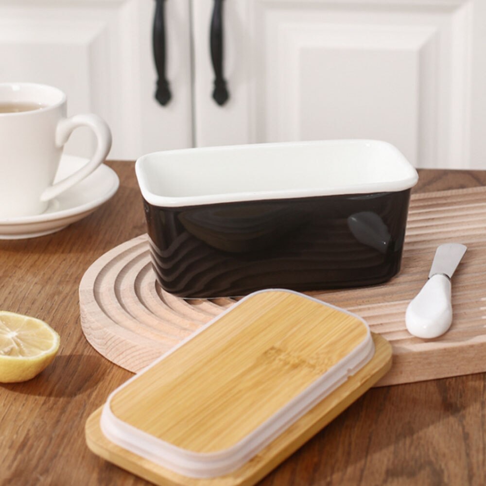 Butter Sealing Box Ceramic Butter Plate with Wood Lid and Knife Cheese Storage Tray Butter Dish Container Box
