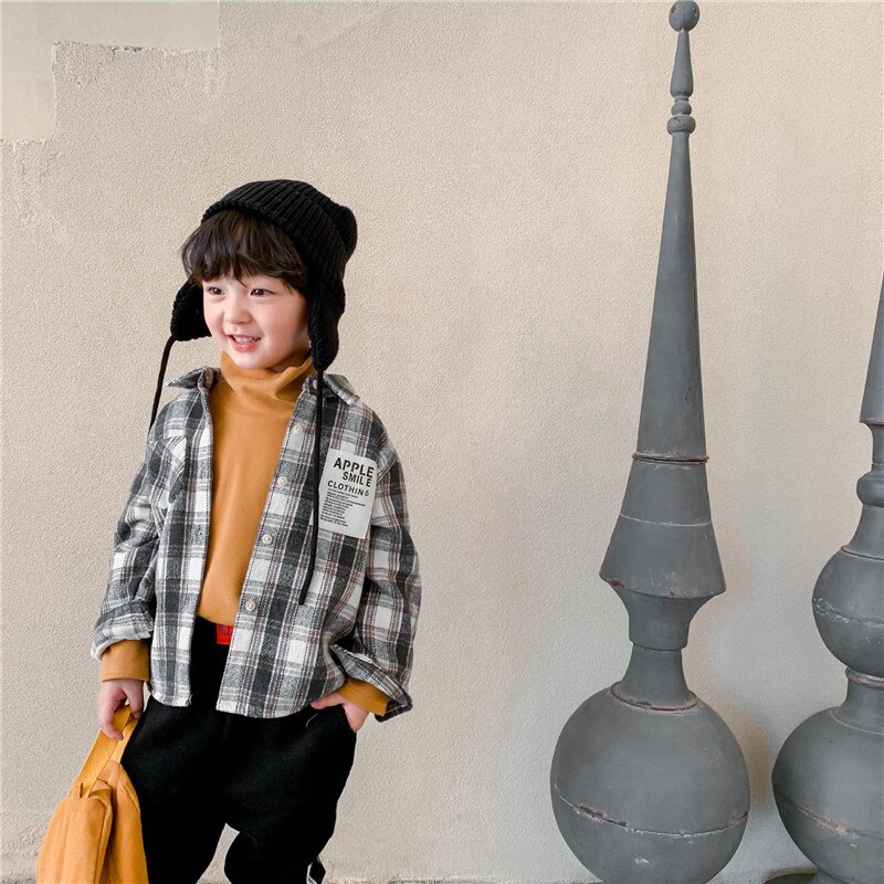 Korean style boys long sleeve plaid shirts kids Turn-down Collar cotton casual warm clothes Autumn Winter: Gray / 5T